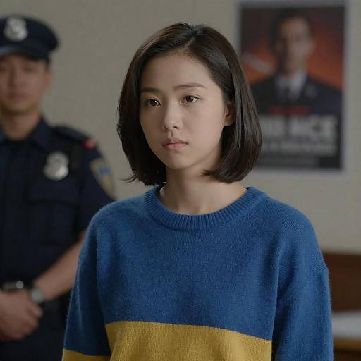 Young Woman in Blue Sweater with Policeman