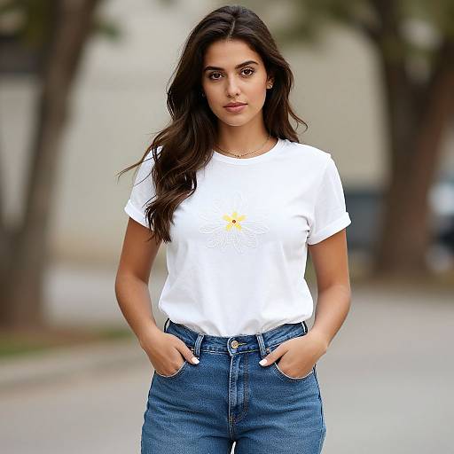 Photograph of a young woman with long, wavy dark hair, wearing a white t-shirt and blue jeans, standing with hands in pockets, in