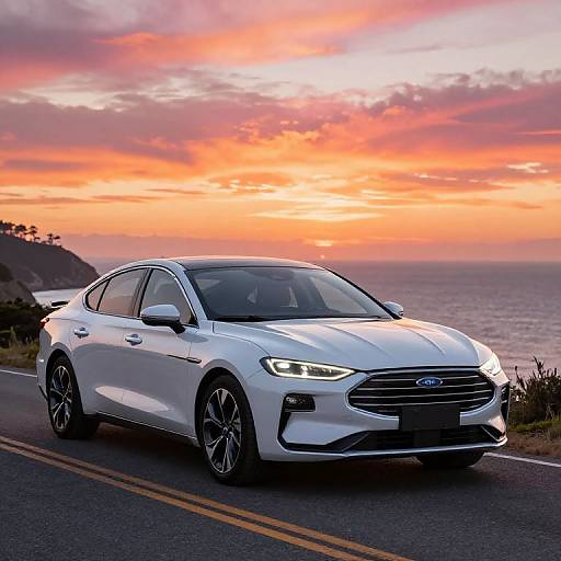 Photograph of a sleek, white Ford sedan with black rims driving on a coastal road during a vibrant sunset with orange and pink skies over the ocean.