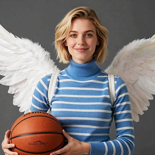 Blonde Woman with Angel Wings and Basketball