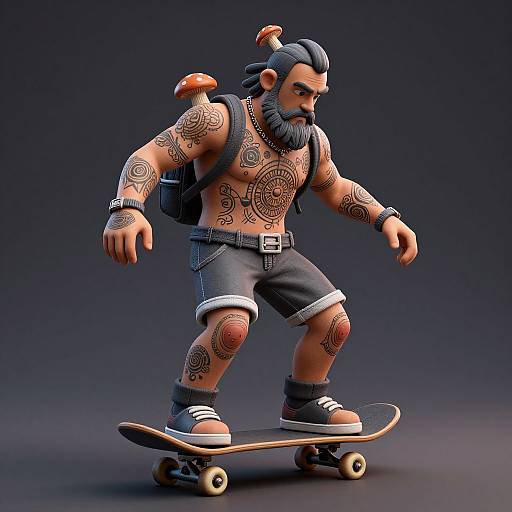 Tattooed, bearded man with black hair in buns, wearing shorts and sneakers, skateboarding; dark background, 3D CGI