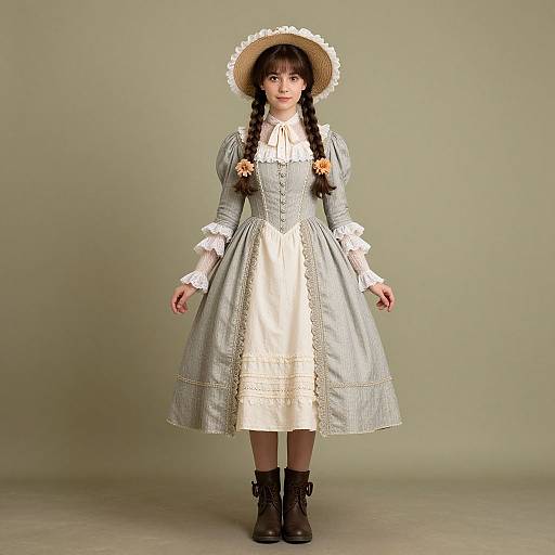 Photograph of a young woman with dark braided hair, wearing a Victorian-style silver-gray dress with white lace, yellow flowers, and a straw hat