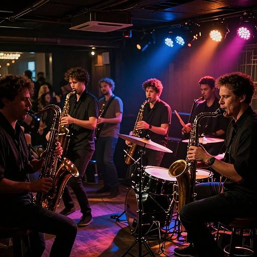 Photograph of a live jazz band on stage, five male musicians playing saxophones and a drummer, under colorful blue and pink stage lights, wearing
