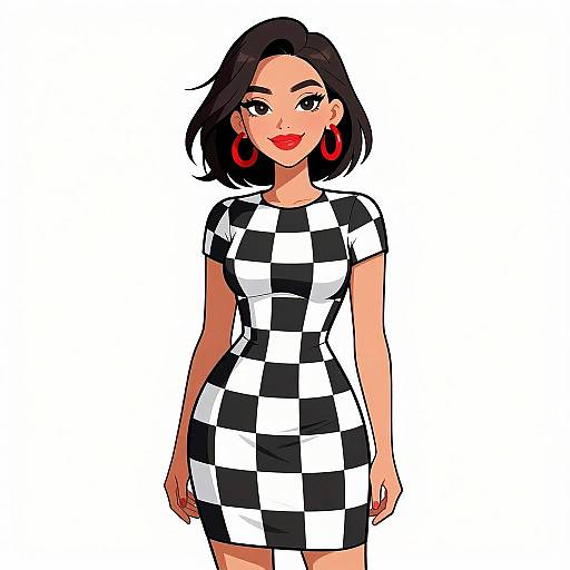 Digital drawing of a confident woman with short black hair, red lips, large red hoop earrings, wearing a black-and-white checkered dress.
