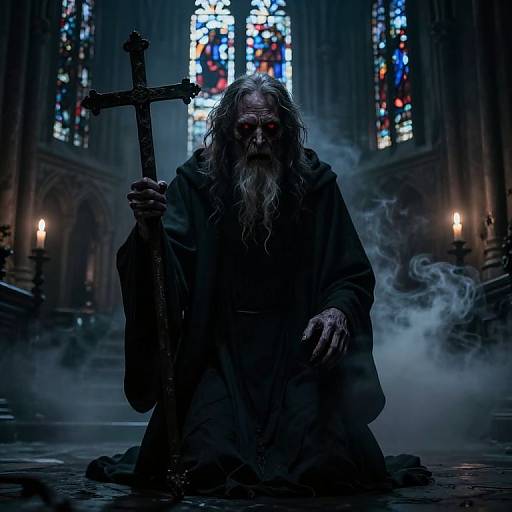Photograph-style digital art of a menacing, long-bearded, dark-robed figure kneeling in a smoky, Gothic cathedral, holding a large cross