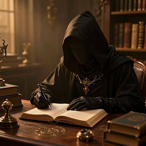 Mysterious figure in black hood and gloves writes in an old book with a quill, illuminated by warm library light.