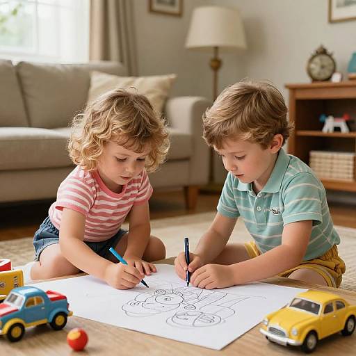Two curly-haired young boys, one in pink-striped shirt, one in green-striped shirt, drawing on paper with colorful toys around. Bright, cozy living