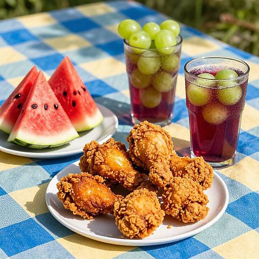 Photograph of a picnic table with fried golden brown nuggets, watermelon slices, grape and berry drinks, on a blue and yellow checkered table