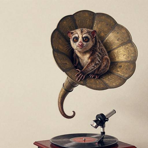 Photograph of a small, realistic-looking, brown and gray squirrel with large eyes sitting inside a vintage, brass, shell-shaped horn, positioned above a