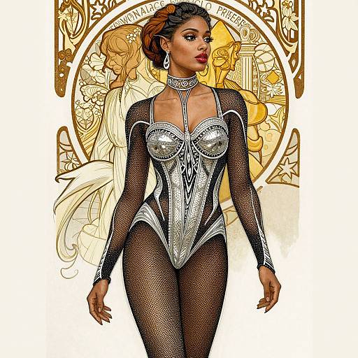 Digital illustration of a confident Black woman in a silver, mesh bodysuit, standing against an Art Nouveau-style background with intricate patterns.