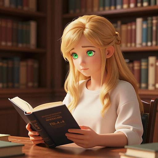 Digital anime-style drawing of a blonde girl with large green eyes, wearing a white shirt, reading a book in a sunlit library.
