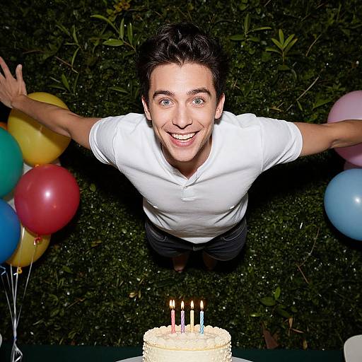 Photograph of a smiling man in a white polo shirt, arms outstretched, looking up at a birthday cake with three lit candles, surrounded by
