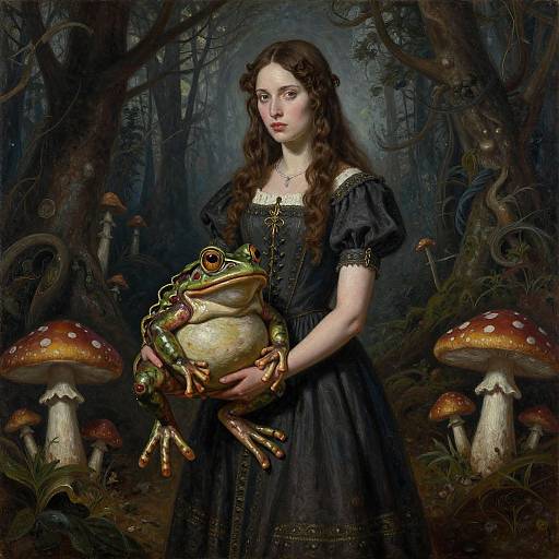Digital painting of a pale-skinned, brown-haired girl in a black dress holding a green frog, set in a dark, enchanted forest with large mushrooms