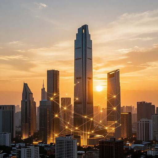 Photograph of a cityscape at sunset with a tall, glass skyscraper at center, illuminated by star-like light trails and surrounded by shorter buildings.
