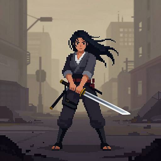 Pixel art of a determined woman with black hair, wearing a dark robe, holding a glowing sword on a desolate, ruined city street.
