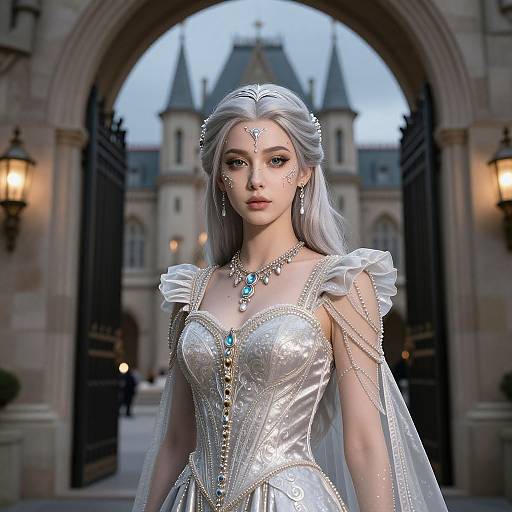 Digital art of a fair-skinned, silver-haired princess with intricate blue jewelry, white gown, and tiara, standing in a grand stone archway