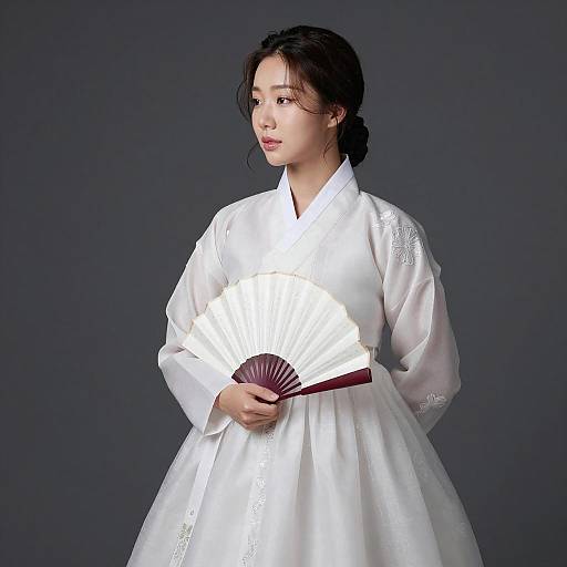 Korean Woman in White Hanbok with Fan