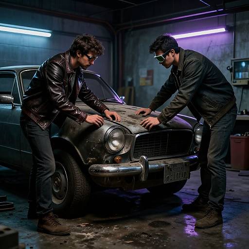 Brothers Fixing Vintage Car at Night