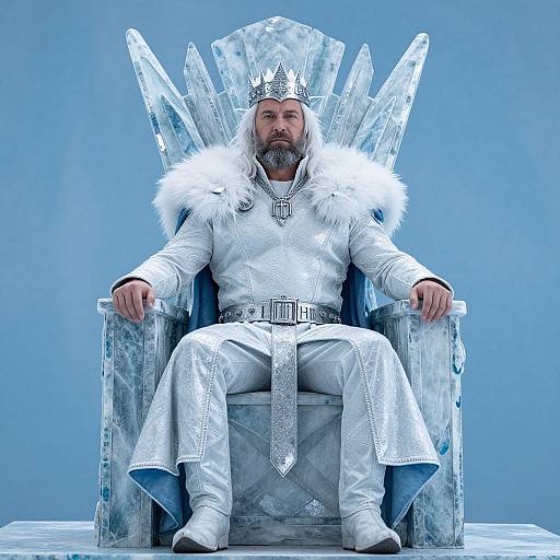 Photograph of a bearded man with white hair, wearing a silver crown, white fur-trimmed robe, and icy throne, seated against a