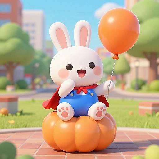 CGI image of a cute, white, cartoon bunny with red scarf and blue overalls, holding an orange balloon, sitting on a pumpkin in a