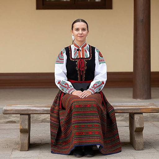Photograph of a woman with fair skin, brown hair in a bun, wearing traditional Eastern European folk attire with embroidered blouse and striped skirt, sitting on