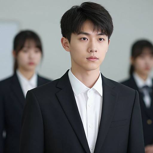 Photograph of a young Asian man with short black hair, wearing a black suit and white shirt, standing in front of two blurred women in similar attire