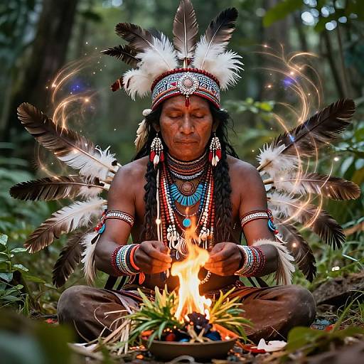 Photograph of a Native American man with dark skin, feathered headdress, and intricate jewelry, meditating by a fire in a forest.