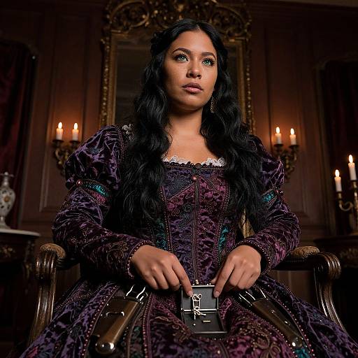 Photograph of a young woman with long black hair in an ornate, purple velvet Renaissance-style dress, holding a key, seated in a dimly