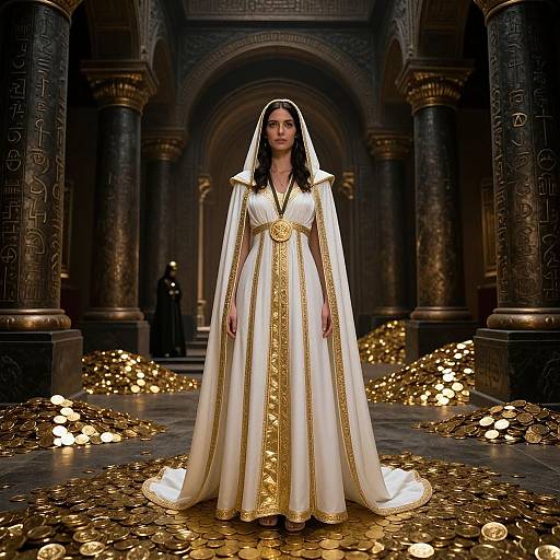 Photograph of a dark-haired woman in a white, gold-embroidered, medieval-style gown with a veil, standing on a golden coin-covered