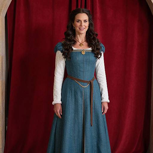 Photograph of a smiling woman with long, wavy dark hair wearing a blue medieval-style dress with white sleeves, brown belt, and gold pendant,