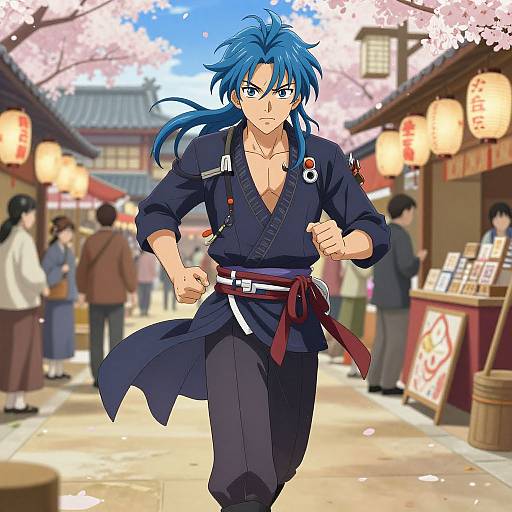 Anime-style drawing of a blue-haired, muscular man in a navy martial arts gi, running through a cherry blossom-lit, bustling Japanese street market at