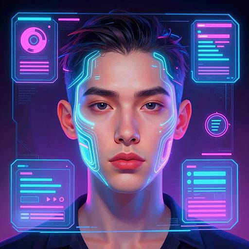 Digital art of a young man with neon blue circuit patterns on his face, neon-lit background, futuristic cyberpunk style.