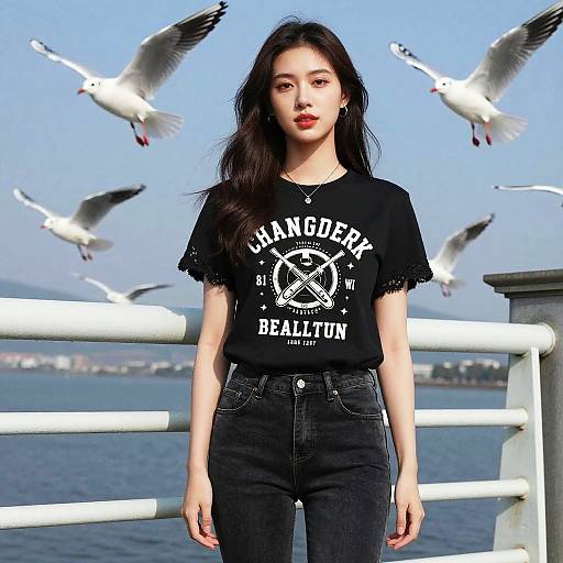 Asian woman with long black hair, wearing black 