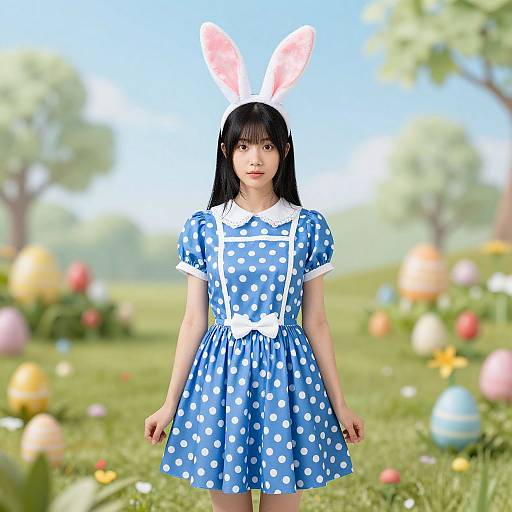 Easter Bunny Girl in Polka Dot Dress
