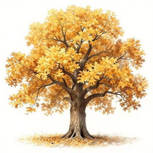 Digital illustration of a vibrant, orange-leaved tree with a sturdy, textured brown trunk, set against a plain white background.