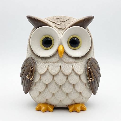 Whimsical digital illustration of a white, textured, plump owl with large, round black eyes, yellow beak, and orange feet, featuring