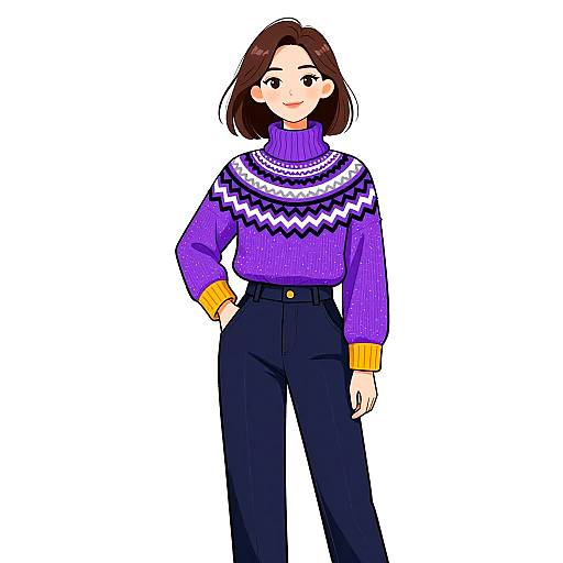 Digital anime-style illustration of a smiling young woman with short brown hair, wearing a purple sweater with zigzag patterns, black high-waisted pants,