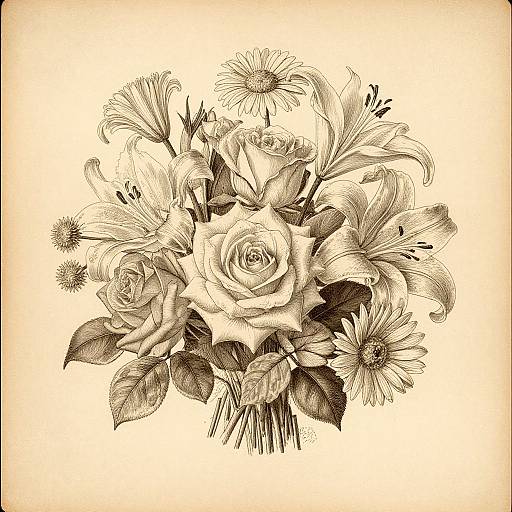 Sepia-toned ink drawing of a floral bouquet featuring roses, lilies, and daisies with detailed petals and leaves, centered on a white