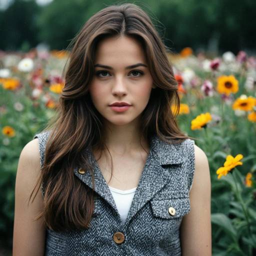 Young Woman in Gray Vest in Flower Field