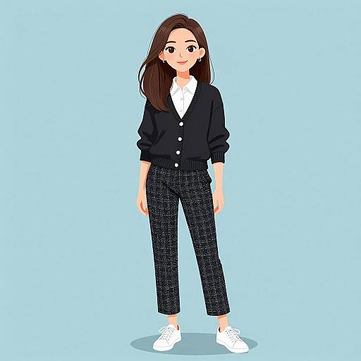 Digital illustration of a smiling woman with long brown hair, wearing a black cardigan, white shirt, black checkered pants, and white sneakers, against