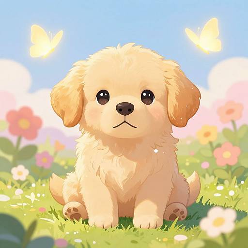 Kawaii Golden Retriever Puppy in Garden
