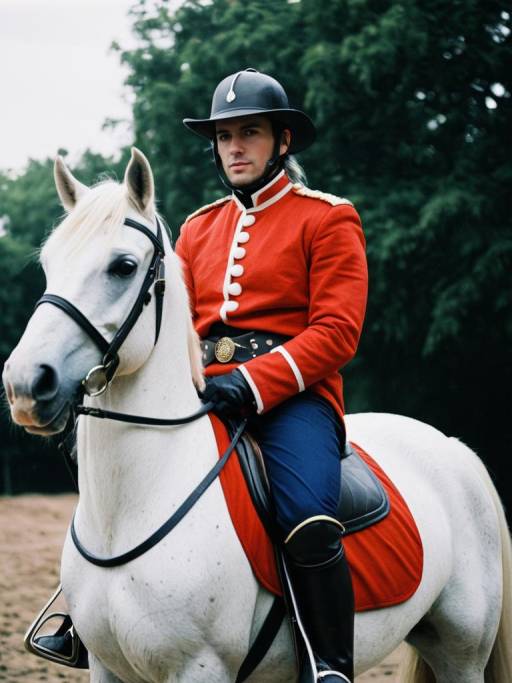 Man in Traditional Horse Rider Uniform on White Horse