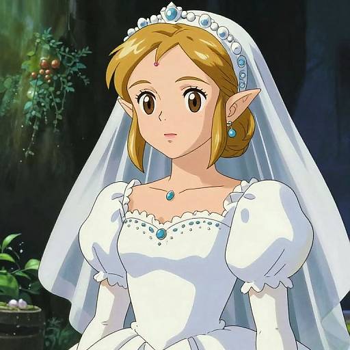 Digital anime-style drawing of an elven princess in a white wedding dress with blue gems, veil, and crown, standing in a dark forest with green