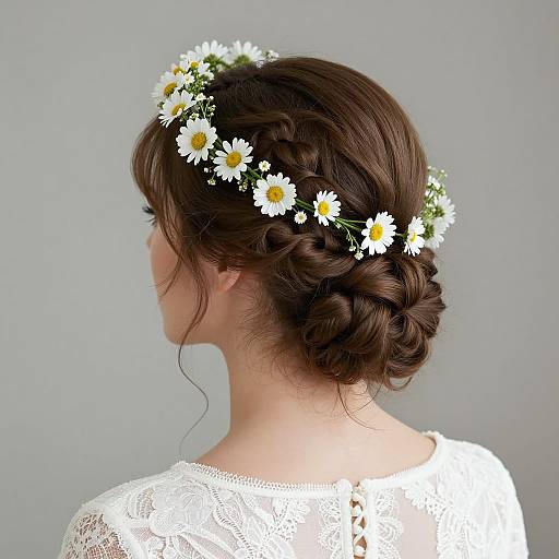 Photograph of a woman with braided brown hair, wearing a white lace dress, adorned with a daisy flower crown, against a gray background.