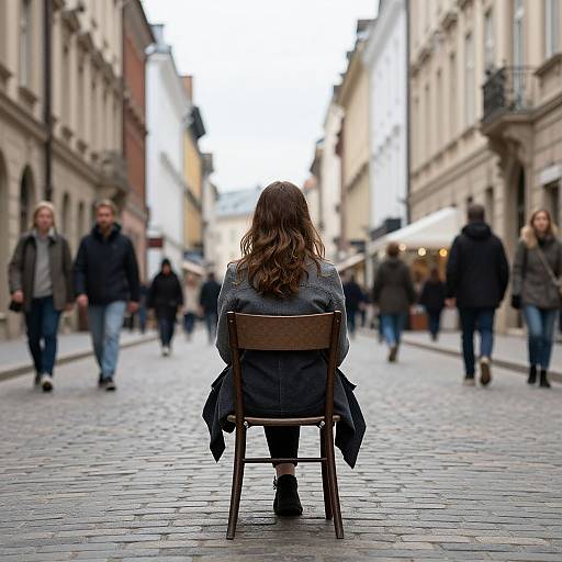 Photograph of a woman with wavy brown hair, wearing a gray coat, sitting alone on a wooden chair, facing a bustling, cobblestone