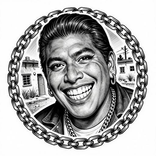 Chicano Art Drawing of Grinning Character with Chain Necklace