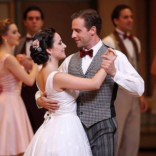 Photograph of a dancing couple in wedding attire, with the bride in a white dress and the groom in a gray checkered vest, surrounded by blurred