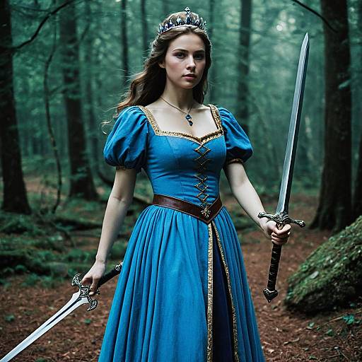 Photorealistic digital art of a fair-skinned, brown-haired woman in a blue medieval dress, crown, and forest setting, holding two swords.
