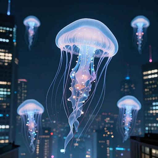 Photograph of glowing blue jellyfish floating in a dark, cityscape night scene with illuminated skyscrapers in the background.
