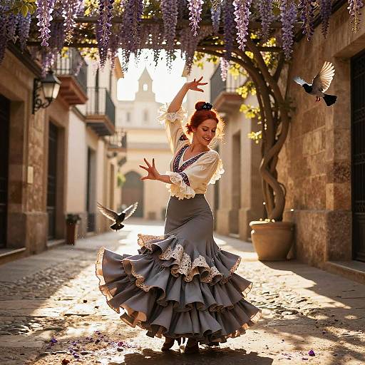 Photograph of a smiling woman with red hair, wearing a white blouse and gray ruffled skirt, dancing in a sunlit, cobblestone alley